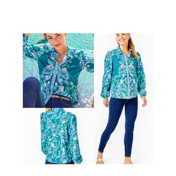 Lilly Pulitzer top with front buttons “Valencia Teal” - Picture 1 of 12
